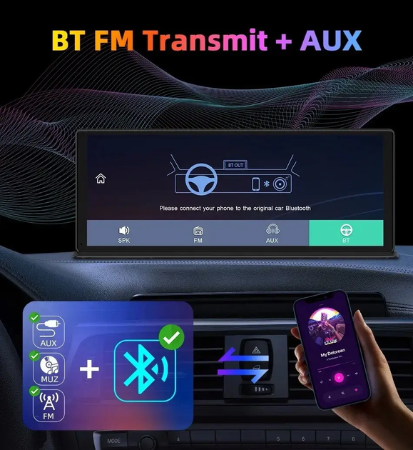 Відеореєстратор автомобільний 10.26" сенсор Full HD ADAS WiFi Carplay Bluetooth FM-transmit Airplay Hands Free 2 камери с1026 - изображение 4