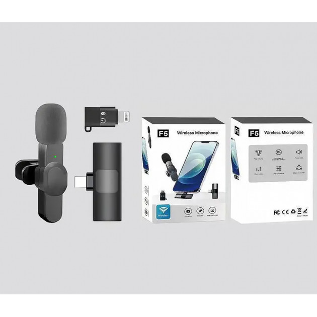 Бездротовий мікрофон для запису відео Wireless F5 з адаптером Lightning-Type-C - Фото 6 Бездротовий мікрофон для запису відео Wireless F5 з адаптером Lightning-Type-C - зображення 6