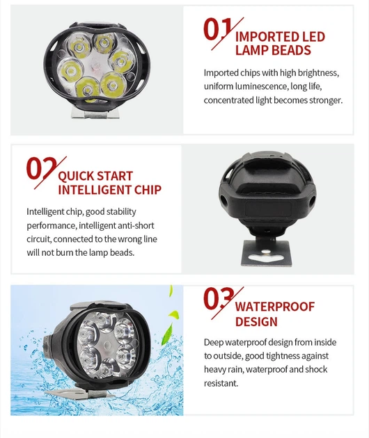 2 передні фари світлодіодних LED 6 SMD для мотоцикла білий - зображення 2
