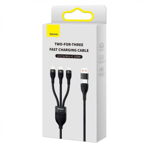 Кабель Baseus Flash Series 2 Two-for-three Charging Cable USB+Type-C to Type-C+Lightning+Micro-USB 100W 1.2m Black (CASS030101) - Фото 4 Кабель Baseus Flash Series 2 Two-for-three Charging Cable USB+Type-C to Type-C+Lightning+Micro-USB 100W 1.2m Black (CASS030101) - зображення 4