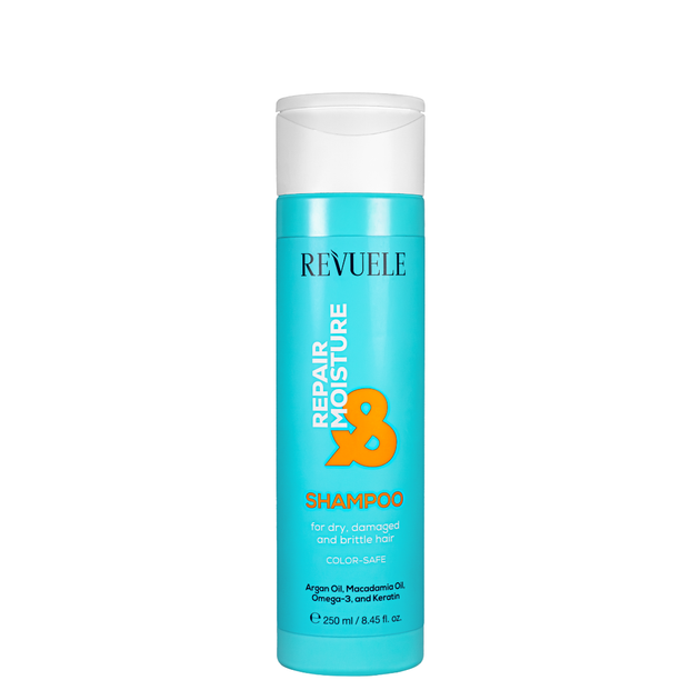 Шампунь для волосся сухого, пофарбованого, пошкодженого, ламкого Revuele Repair & Moisture Shampoo зволожуючий, 250 мл - Фото 1 Шампунь для волосся сухого, пофарбованого, пошкодженого, ламкого Revuele Repair & Moisture Shampoo зволожуючий, 250 мл - зображення 1