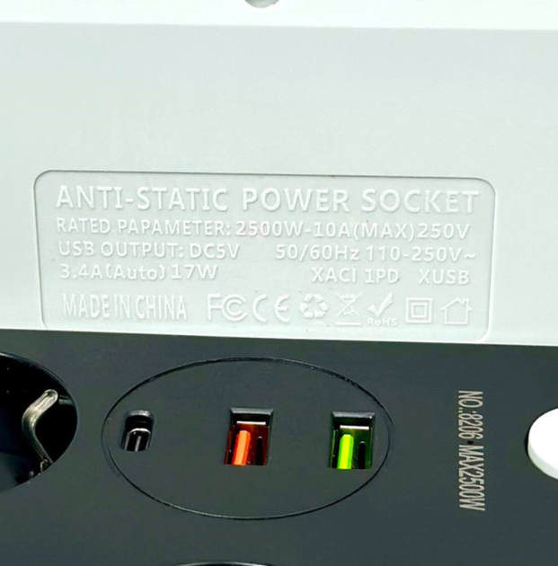 Подовжувач мережевий Power Socket 8206, 2USB, Type-C, 4 розетки, 2 м, чорний - зображення 3