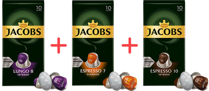 Акція на Набір кави в капсулах Jacobs Lungo 8 Intenso 20 шт + Espresso 7 Classico 20 шт + Espresso 10 Classico 20 шт від Rozetka