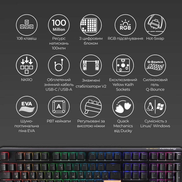 Клавиатура проводная Ducky One 3 TKL Cherry MX Red RGB UA USB