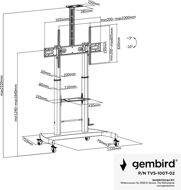 Stojak pod telewizor z kółkami Gembird 60"-100" (do 100 kg) (TVS-100T-02) - obraz 12