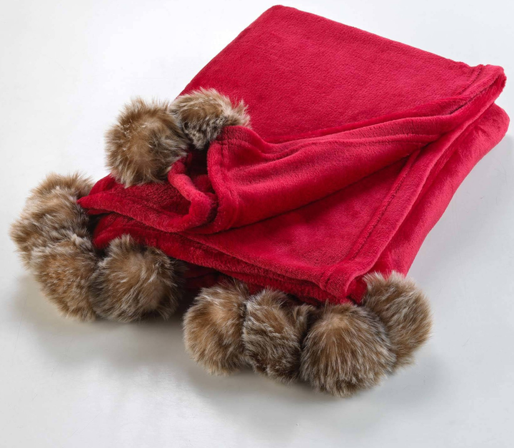 Miękki koc futrzak Douceur d'interieur Snowy z pomponami 125 x 150 cm Czerwony (3574386114059) - obraz 5