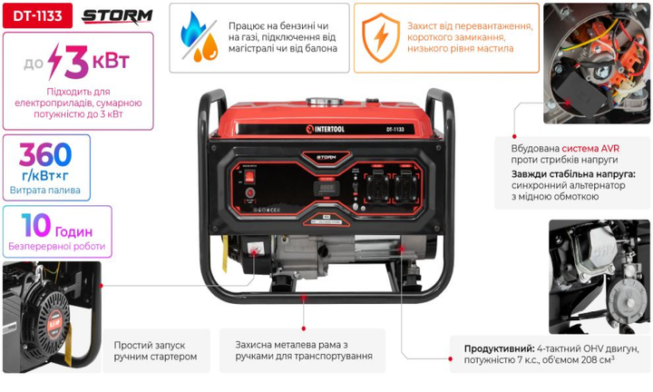 Генератор бензиновий/газовий STORM INTERTOOL DT-1133 (2.8/3 кВт, мідна обмотка) - зображення 2