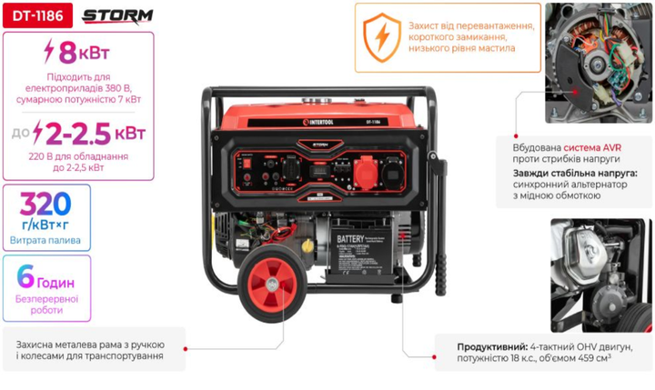 Генератор бензиновый STORM INTERTOOL DT-1186 (8/8.5 кВт, 220/380 В, медная обмотка) - изображение 2