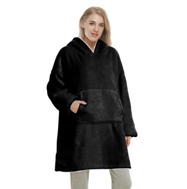Толстовка-плед з рукавами та капюшоном Huggle Hoodie Оверсайз Чорна Тепле худі з хутром та кишенею - зображення 3