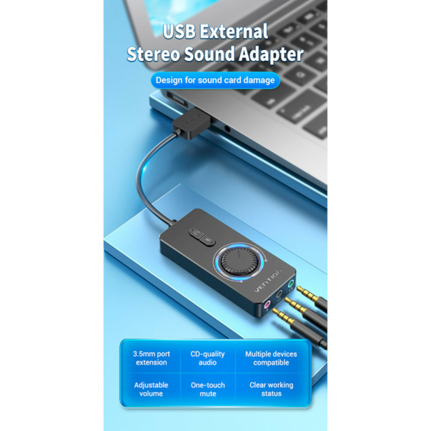 Звуковая карта Vention USB2.0 External Stereo Sound Adapter with Volume Control 0.15m ABS Type Black (CDRBB) - изображение 2