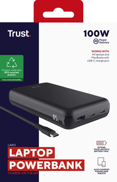 Акумулятор портативний літій-іонний power bank Trust Laro, 20000 мА·год, USB-A/2хUSB-C, 100w, чорний - Фото 10 Акумулятор портативний літій-іонний power bank Trust Laro, 20000 мА·год, USB-A/2хUSB-C, 100w, чорний - изображение 10