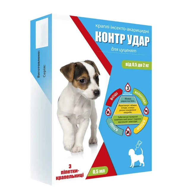 Контр удар краплі на загривку для захисту цуценят від ектопаразитів, 0,5 - 2 кг 0,5 мл, №3 - Фото 1 Контр удар краплі на загривку для захисту цуценят від ектопаразитів, 0,5 - 2 кг 0,5 мл, №3 - зображення 1