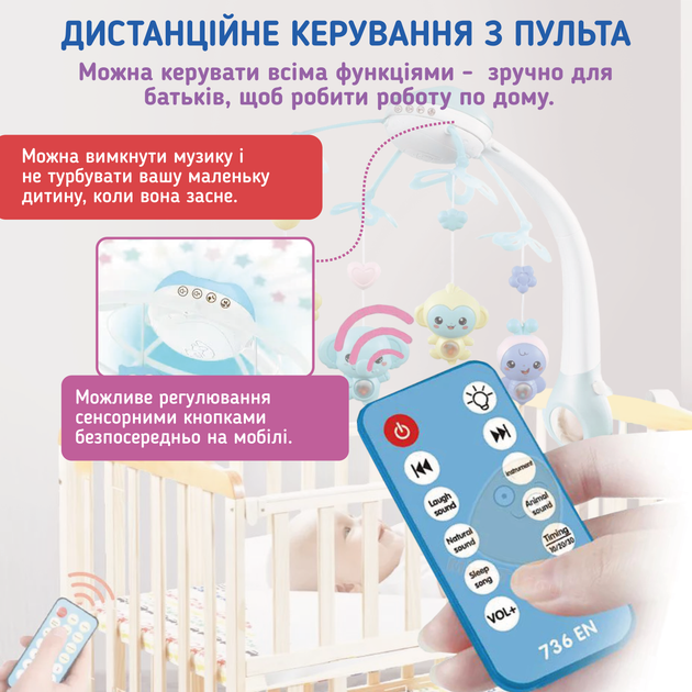Мобиль на кроватку с проектором музыкальный детский музыкальная карусель для кроватки новорожденных младенцев детские музыкальные карусели мобили 3 в 1 A1 голубой (889982A-Blue) - изображение 4