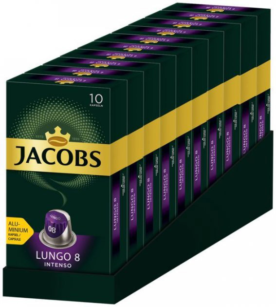 Акція на Упаковка кави меленої в капсулах Jacobs Lungo 8 Intenso сумісні з Nespresso 10 пачок x 10 шт від Rozetka