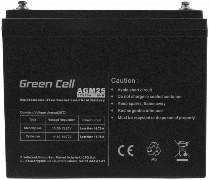 Акумулятор Green Cell AGM25 12 В 75 А/год (5903317224051) - зображення 2