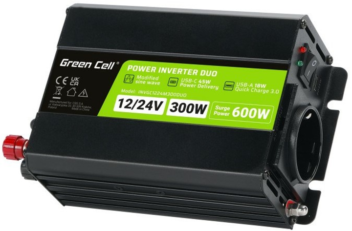 Przetwórnica Greencell 12 V/24 V - 230 V 300 W/600 W Modyfikowana sinusoida (INVGC1224M300DUO) - obraz 1