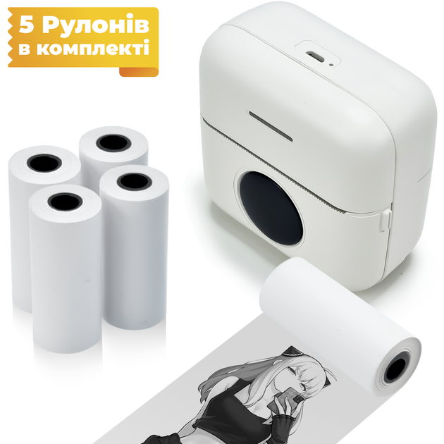 Портативный термопринтер JETIX Mini Printer Student, мобильный мини + 5 рулонов термобумаги в комплекте - изображение 1