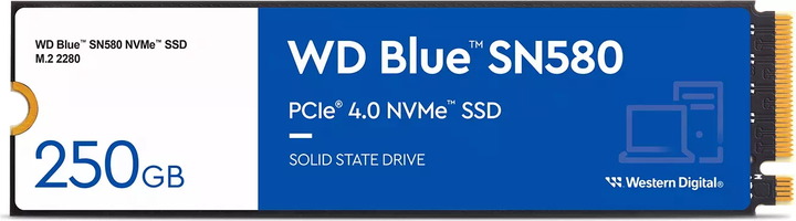Твердотільний диск M.2 250GB Western Digital WD Blue SN580 (PCIe 4.0 x4, NVMe 1.4, 4000/2000MB/s) (WDS250G3B0E) - Фото 1 Твердотільний диск M.2 250GB Western Digital WD Blue SN580 (PCIe 4.0 x4, NVMe 1.4, 4000/2000MB/s) (WDS250G3B0E) - зображення 1