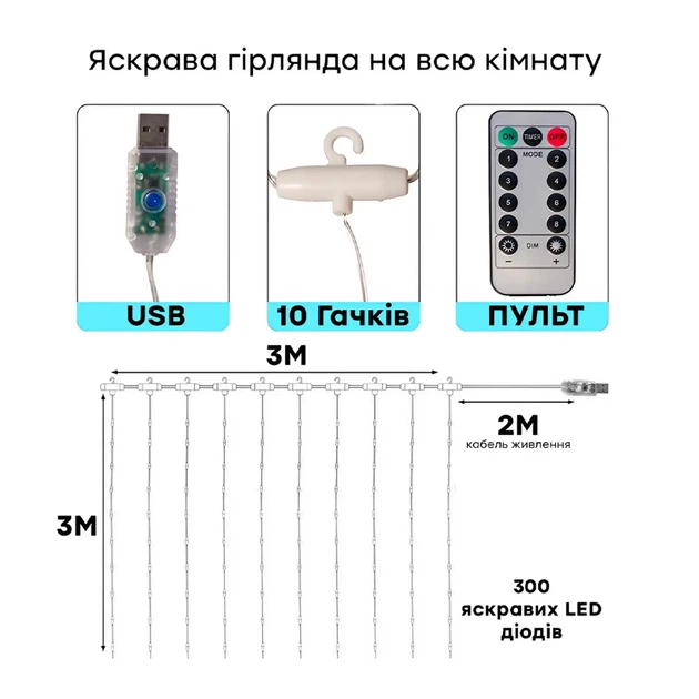Светодиодная гирлянда-занавес Crown 300 LED USB 3 х 3 м Теплый белый (WLS-QX-CL2132W) - изображение 3