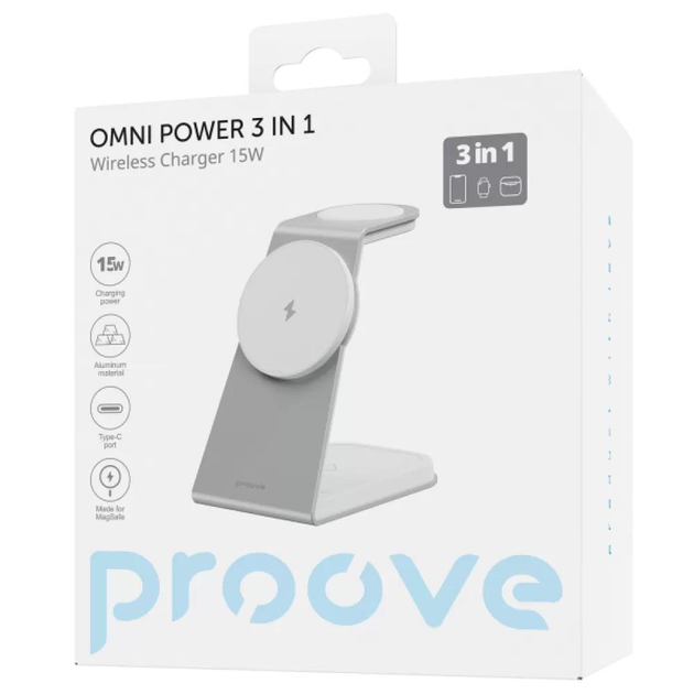 Бездротовий зарядний пристрій Proove Omni Power 3 in 1 / 15W / QI / для телефону, годинників та навушників / (Білий) - зображення 3