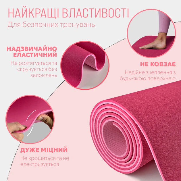 Коврик для йоги TPE+TC EasyFit ECO-Friendly 6 мм розовый - светло-розовый (мат-каремат спортивный, йогамат для фитнеса, пилатеса) - изображение 3