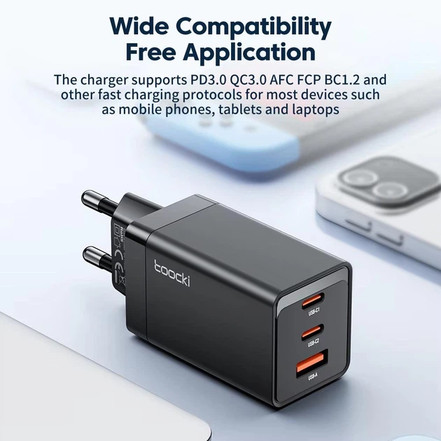 Зарядное устройство Toocki GaN 67W с 3 портами для быстрой зарядки (QC 4.0+PD3.0) - изображение 4