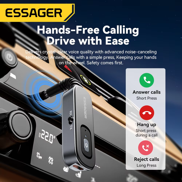 Беспроводной аудиоадаптер-приемник Essager AUX 3.5мм RX/TX Bluetooth 5.1 - Фото 2 Беспроводной аудиоадаптер-приемник Essager AUX 3.5мм RX/TX Bluetooth 5.1 - изображение 2