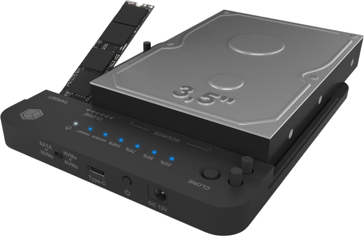 Stacja dokująca i klonująca ICY BOX IB-2913MCL-C31 do M.2 SATA/NVMe, M.2 PCIe NVMe, 2.5"/3.5" HDD/SSD USB 3.2 Gen 2 Type-C/A Black - obraz 5