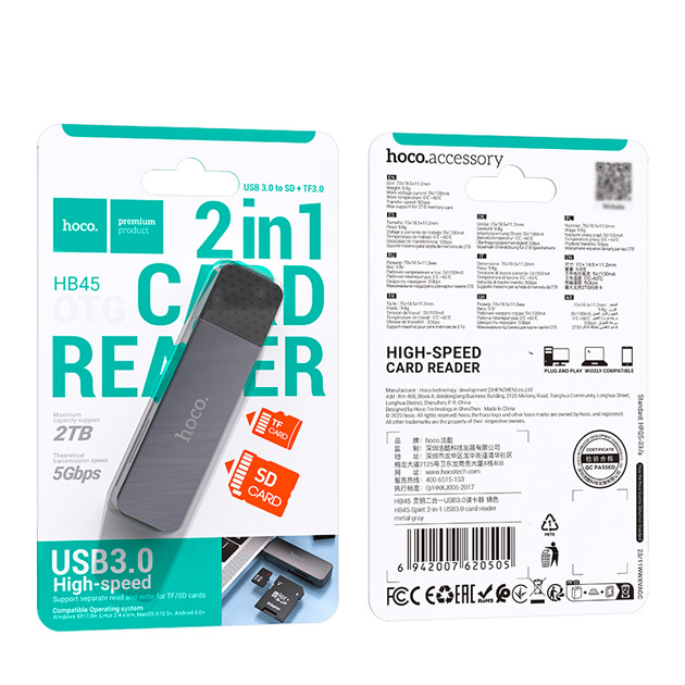 Картридер HOCO HB45 Spirit 2-in-1 USB 3.0 card reader Metal Gray (6942007620505) - изображение 4