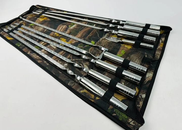 Набір шампурів Grill Master Срібло 8 в 1 з вилкою-ножем та подвійним шампуром у чохлі (21-10-NB-2281) - Фото 3 Набір шампурів Grill Master Срібло 8 в 1 з вилкою-ножем та подвійним шампуром у чохлі (21-10-NB-2281) - зображення 3