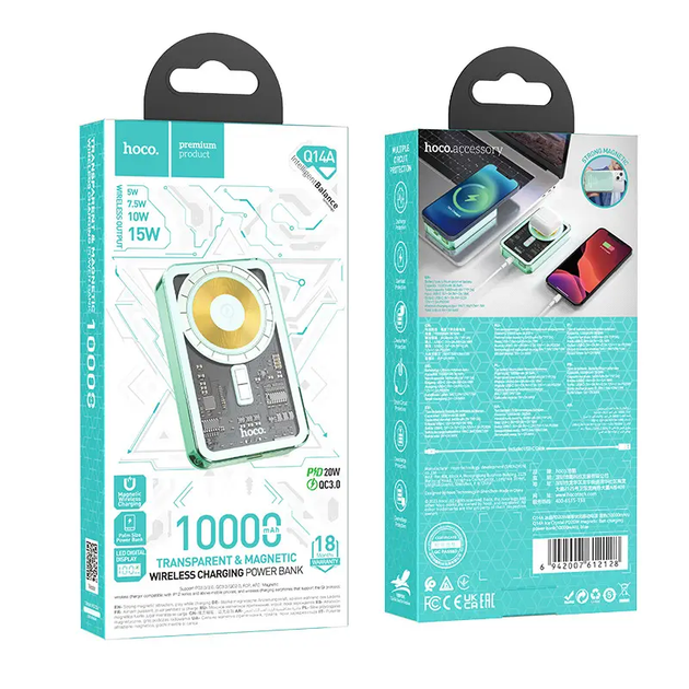 Powerbank Hoco Q14А зі швидкою зарядкою 20W 10000 mAh безпровідна зарядка MagSafe зелений G-11301 - изображение 5