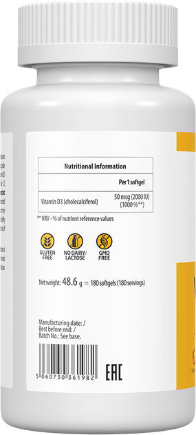 Suplement diety UltraVit Vitamin D3 2000 IU180 kapsułek (5060730361982) - obraz 3