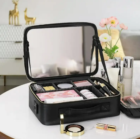 Дорожня чорна косметичка-чемоданчик DT-MUCH20 із дзеркальцем Make Up тканинна сумка для косметики органайзер для подорожей - зображення 5