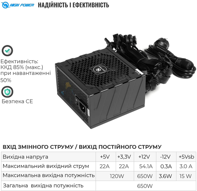 Блок питания Highpower 650W 80+ Bronze (HP1-M650BR-H12S) - изображение 2