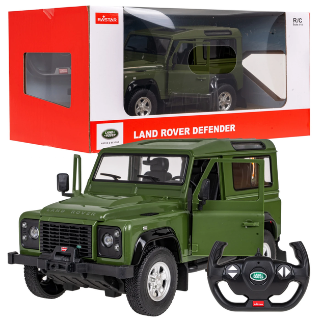 Машинка на радиоуправлении Land Rover Defender 1:14 зеленая RASTAR – открывающая дверь, пульт 2,4 ГГц - Фото 1 Машинка на радиоуправлении Land Rover Defender 1:14 зеленая RASTAR – открывающая дверь, пульт 2,4 ГГц - изображение 1