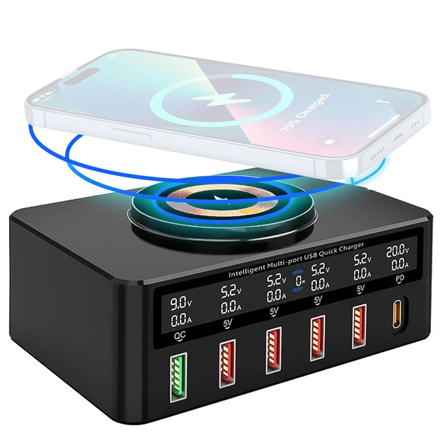 Многопортовая зарядная станция с беспроводной зарядкой Digital Lion MCS-818-H | мультизарядное устройство на 5 USB-A+1 Type-C порт, PD, QC, 100W - Фото 2 Многопортовая зарядная станция с беспроводной зарядкой Digital Lion MCS-818-H | мультизарядное устройство на 5 USB-A+1 Type-C порт, PD, QC, 100W - изображение 2