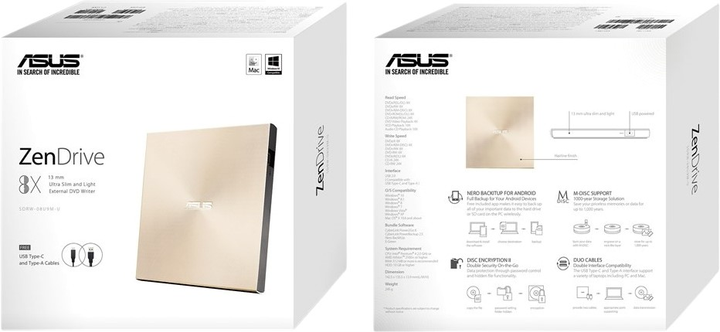 Зовнішній оптичний привід ASUS DVD+/-R/RW USB 2.0 ZenDrive U9M Gold (90DD02A5-M29000) - зображення 6