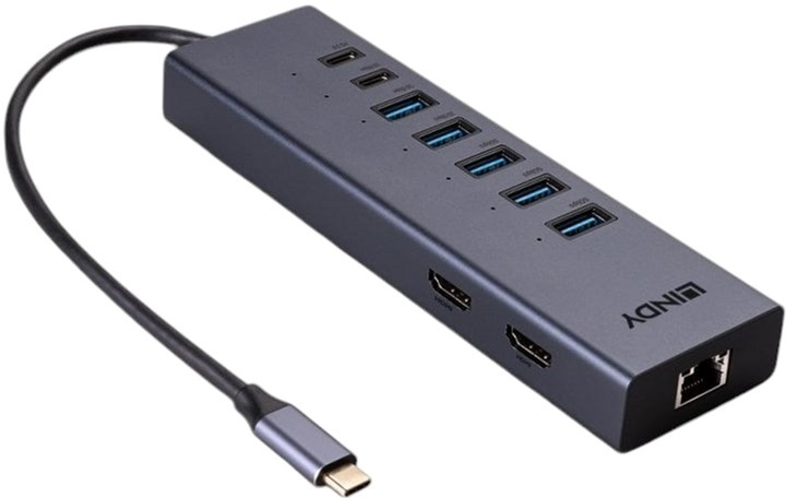 Stacja dokująca Lindy DST-Mini Duo USB Type-C - USB x5, USB Type-C x2, HDMI x2, RJ-45 Grey (4002888433730) - obraz 1