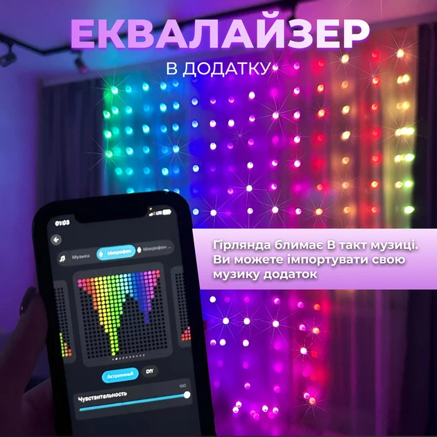 Смарт гирлянда шторы 3x3 метра мультиколор с управлением через телефон и пульт USB - Фото 2 Смарт гирлянда шторы 3x3 метра мультиколор с управлением через телефон и пульт USB - изображение 2