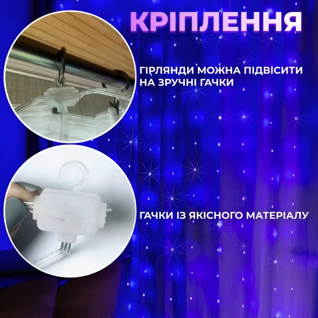 Смарт гирлянда шторы 3x3 метра мультиколор с управлением через телефон и пульт USB - Фото 4 Смарт гирлянда шторы 3x3 метра мультиколор с управлением через телефон и пульт USB - изображение 4