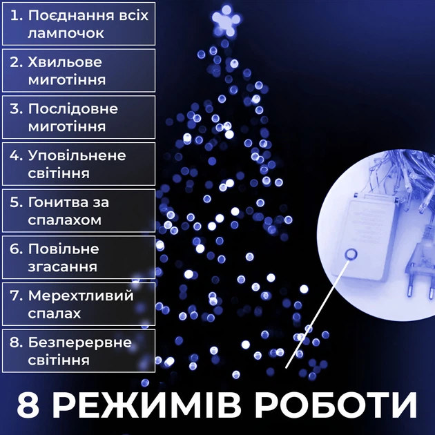 Гирлянда нить 14м на 161 LED лампочек светодиодная черный провод 8 режимов работы Синий M300LEDBL - Фото 4 Гирлянда нить 14м на 161 LED лампочек светодиодная черный провод 8 режимов работы Синий M300LEDBL - изображение 4
