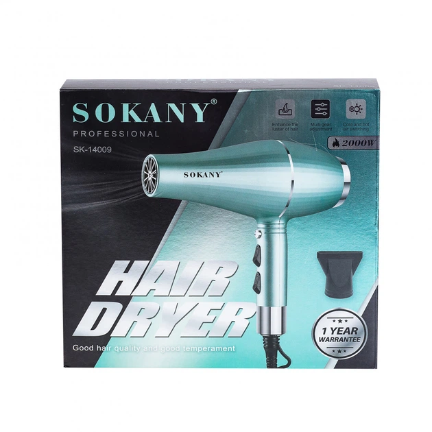 Фен для волос с двумя концентраторами Sokany SK-14009 2000Вт Зеленый - Фото 6 Фен для волос с двумя концентраторами Sokany SK-14009 2000Вт Зеленый - изображение 6