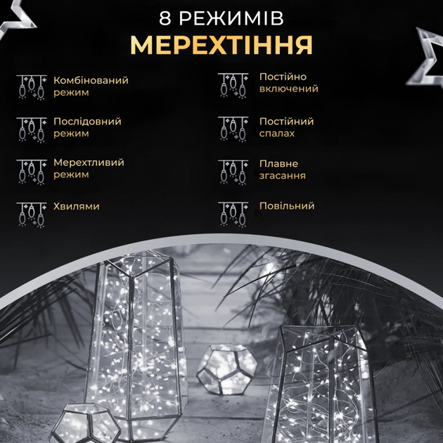 Гирлянда светодиодная GarlandoPro 2000L200MGW Роса Нить на 2000 LED зеленая 200 м 8 режимов Белый (127-107-2000L200MGW) - изображение 8