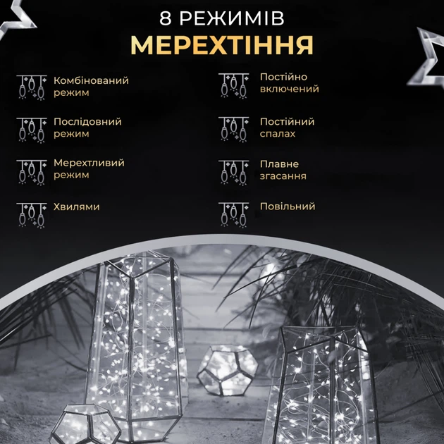 Гирлянда светодиодная GarlandoPro 500L50MGW Роса Нить на 500 LED зеленая 50 м 8 режимов Белый (127-107-500L50MGW) - Фото 6 Гирлянда светодиодная GarlandoPro 500L50MGW Роса Нить на 500 LED зеленая 50 м 8 режимов Белый (127-107-500L50MGW) - изображение 6