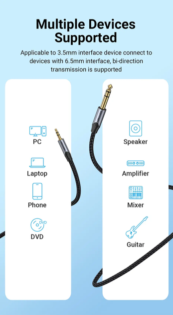 Кабель аудіо Vention minijack 3.5 мм — Jack 6.35 мм у нейлоновому обплетенні TRS 10 м Black (BAUHL) - Фото 2 Кабель аудіо Vention minijack 3.5 мм — Jack 6.35 мм у нейлоновому обплетенні TRS 10 м Black (BAUHL) - зображення 2