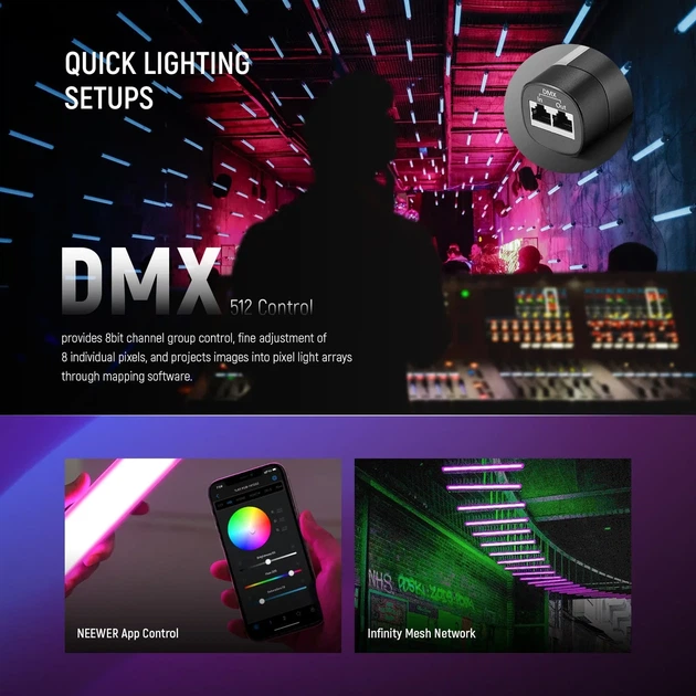 Профессиональная LED лампа стик для съемки ручная фотолампа Neewer TL60 RGB 20Вт 66,5см APP/Onboard/2.4G/DMX управление - изображение 4