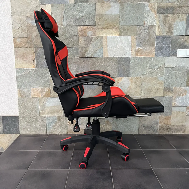 Комп'ютерне крісло з екошкіри підставка для ног PRESTIGE Rob-11 Чорно-червоне геймерське - зображення 4