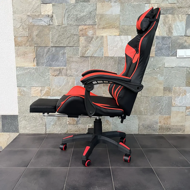 Комп'ютерне крісло з екошкіри підставка для ног PRESTIGE Rob-11 Чорно-червоне геймерське - зображення 6