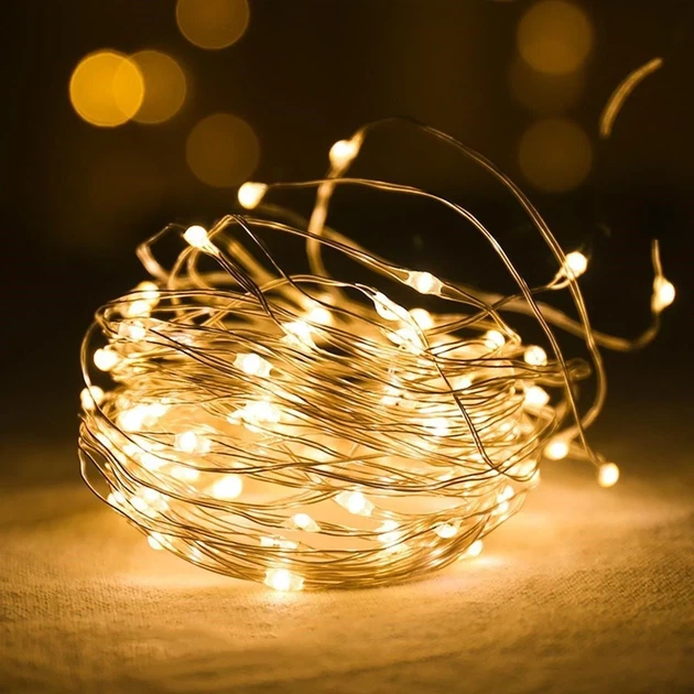 Новогодняя светодиодная гирлянда нить Роса 200 LED 20 метров Теплый белый на батарейках 3АА - изображение 5