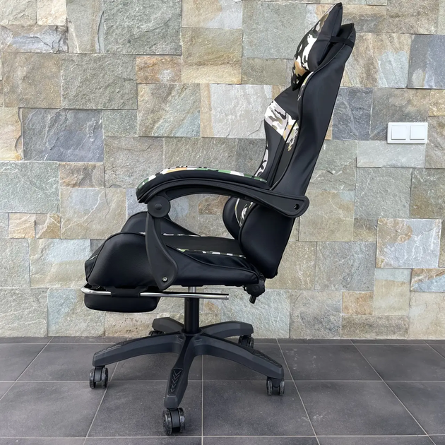 Комп'ютерне крісло з екошкіри підставка для ніг PRESTIGE Rob-11 Чорне з камуфляжними вставками Хакі геймерське - изображение 5